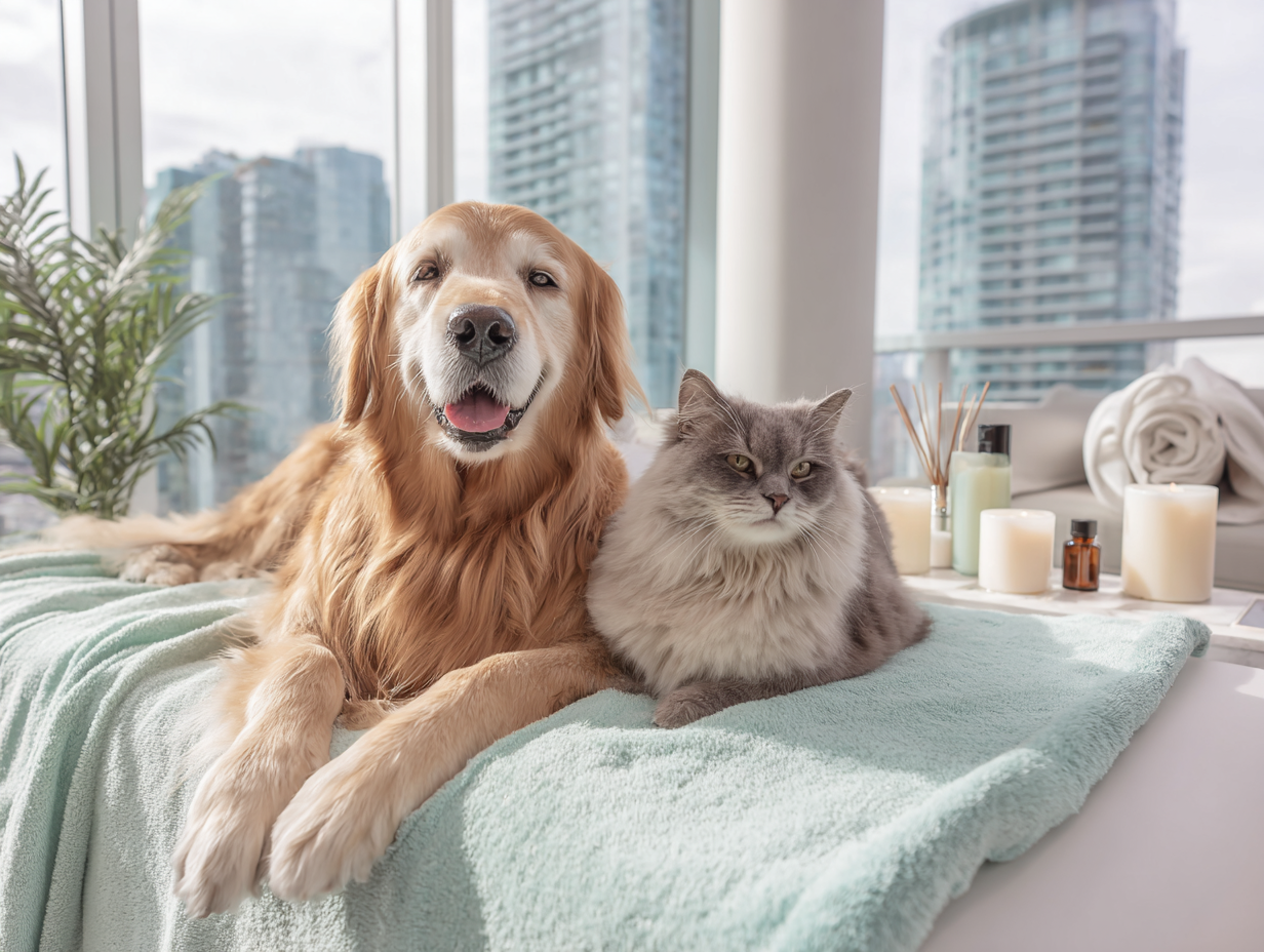 Professional groomer gently washing a dog with herbal shampoo in an upscale on-site grooming area